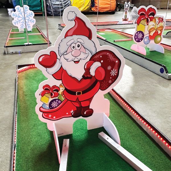 Christmas-themed Santa obstacle on the Points Up holiday mini golf course
